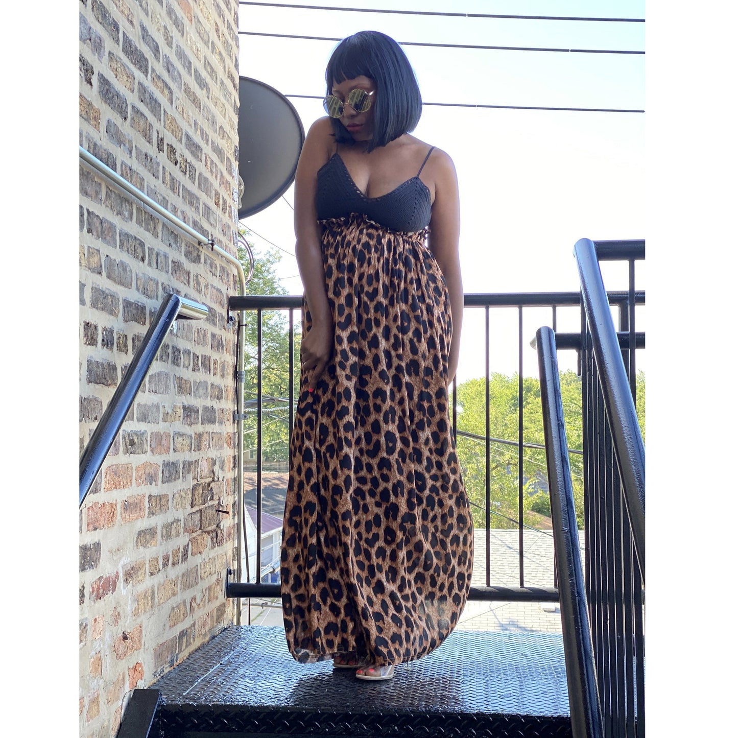 Dark Slate Gray Backless Leopard Maxi Dress